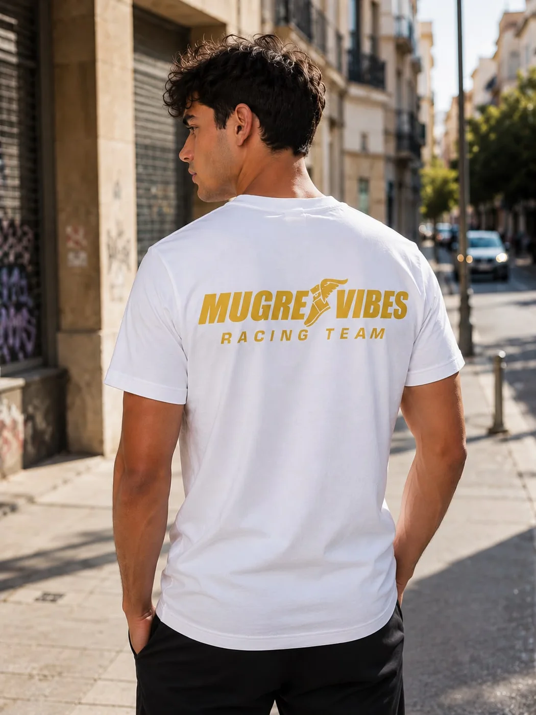 Rider con camiseta Mugre Vibes Racing Team por una calle de Barcelona