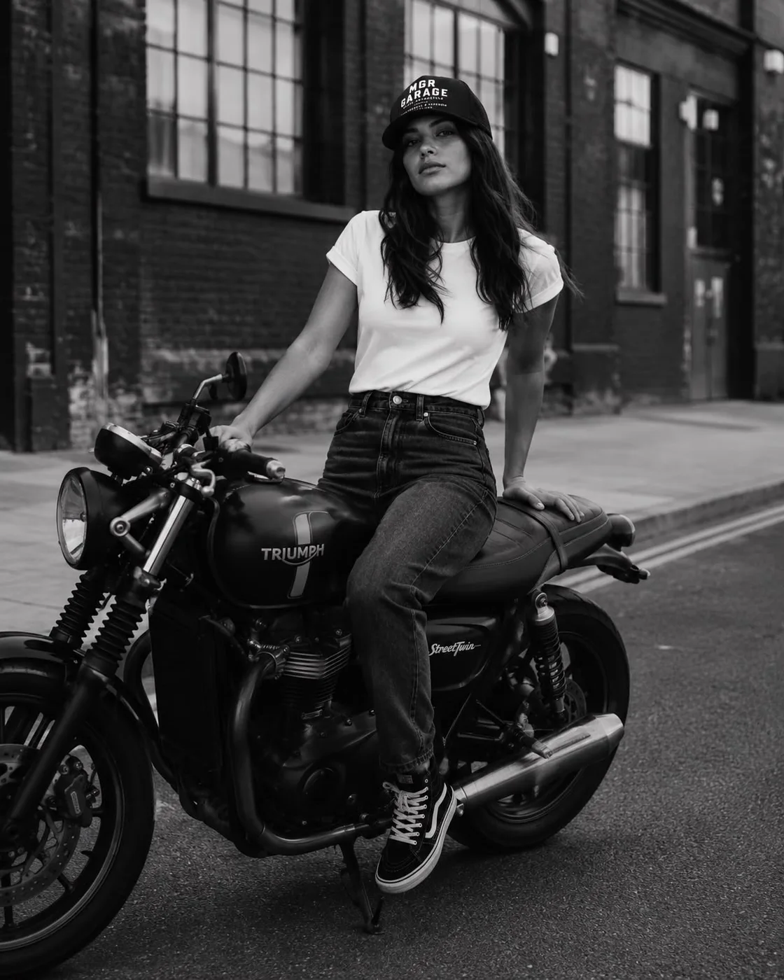 Persona sentada sobre una motocicleta Triumph Street Twin