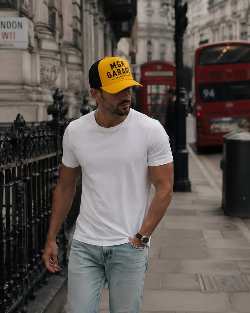 Chico con la gorra GARAGE YELLOW paseando por una calle de Londres