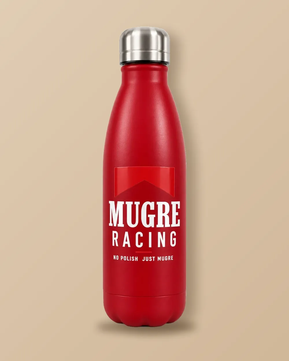 Botella de acero inoxidable roja Mugre Racing, con el diseño Mugre Racing · No polish just Mugre en blanco