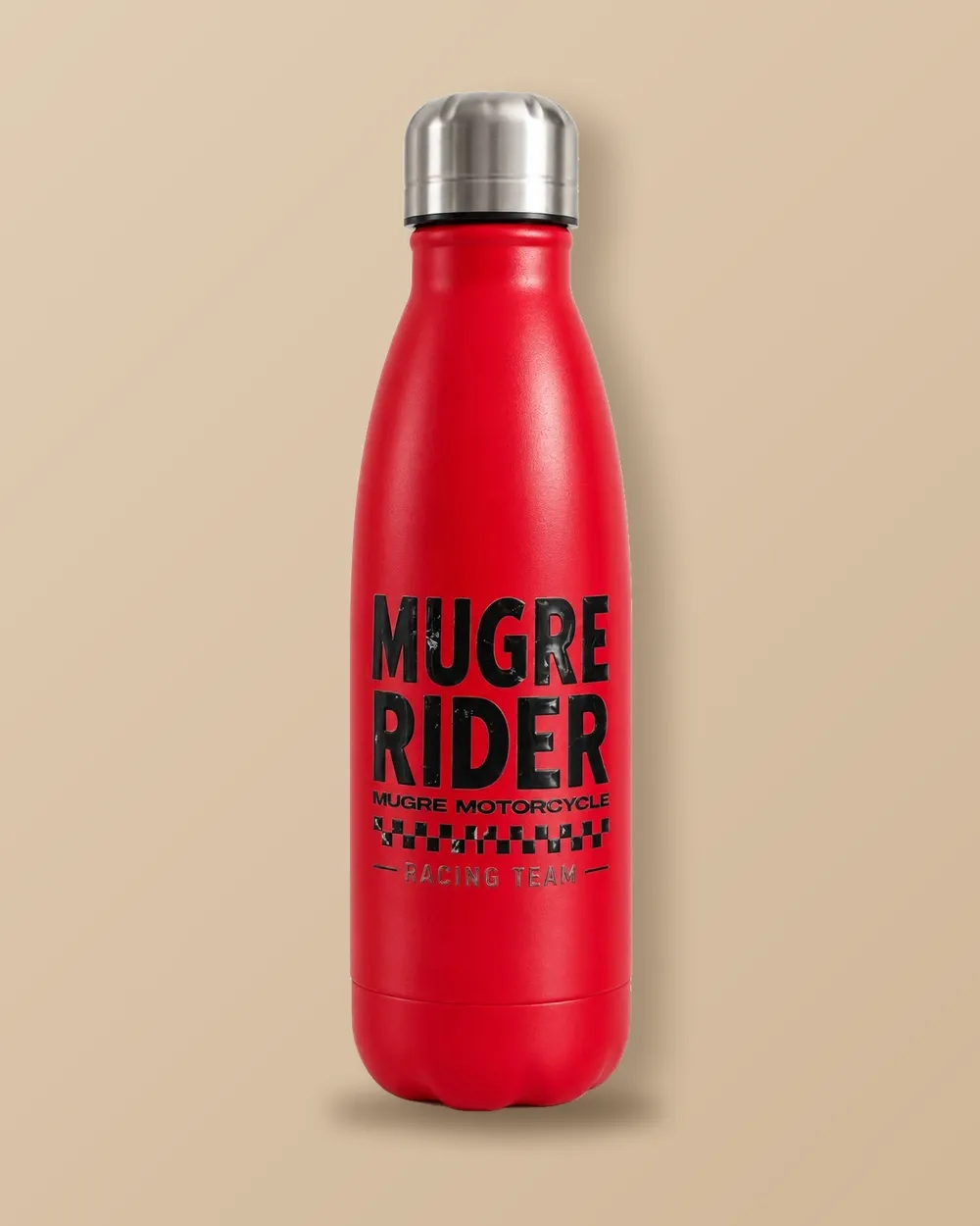 Botella de acero inoxidable roja Mugre Rider, con el diseño Mugre Rider · Mugre Motorcycle · Racing Team en negro desgastado